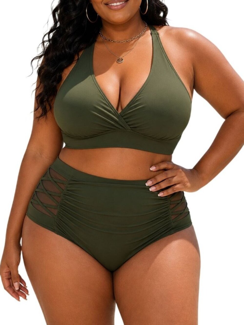 Yonique Size XXL Bikini Swim Set V-Neck Army Green High Waist Ruched Design Chic